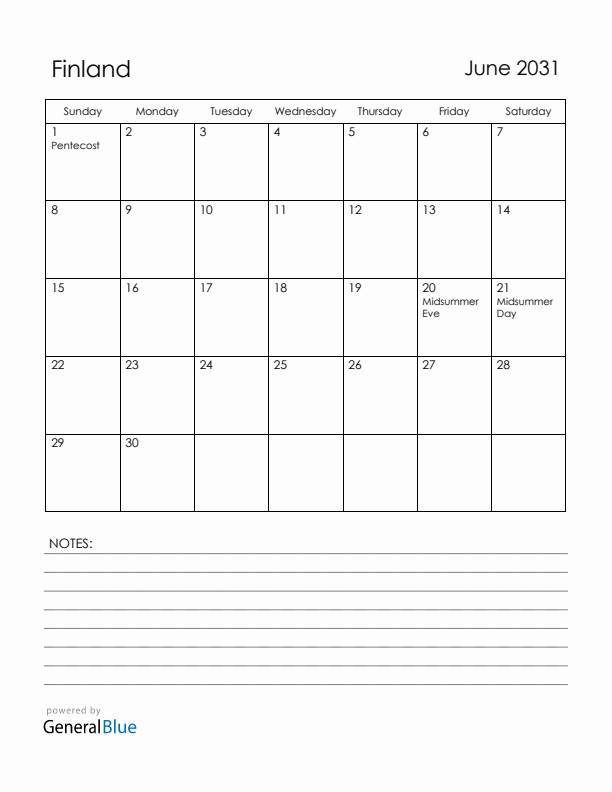 June 2031 Finland Calendar with Holidays (Sunday Start)