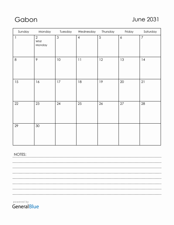 June 2031 Gabon Calendar with Holidays (Sunday Start)