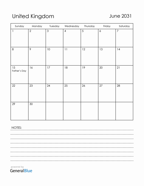 June 2031 United Kingdom Calendar with Holidays (Sunday Start)