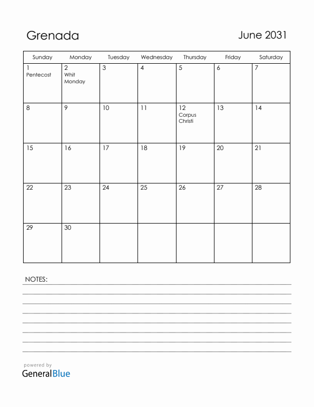 June 2031 Grenada Calendar with Holidays (Sunday Start)
