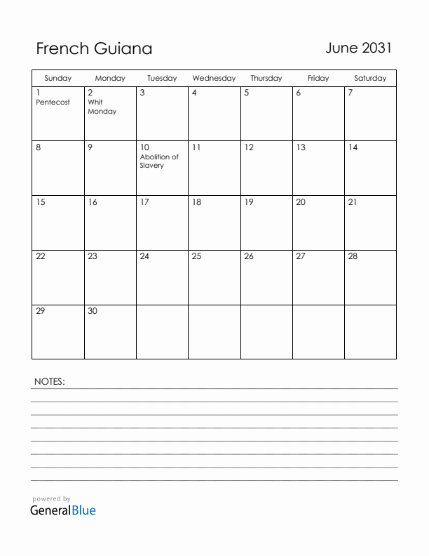 June 2031 French Guiana Calendar with Holidays (Sunday Start)