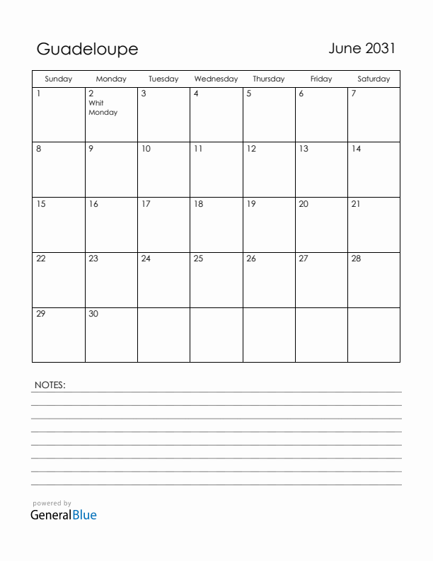 June 2031 Guadeloupe Calendar with Holidays (Sunday Start)