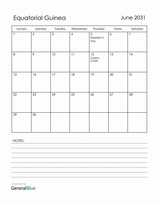 June 2031 Equatorial Guinea Calendar with Holidays (Sunday Start)