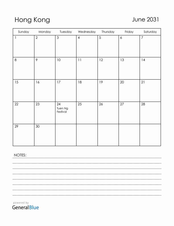 June 2031 Hong Kong Calendar with Holidays (Sunday Start)