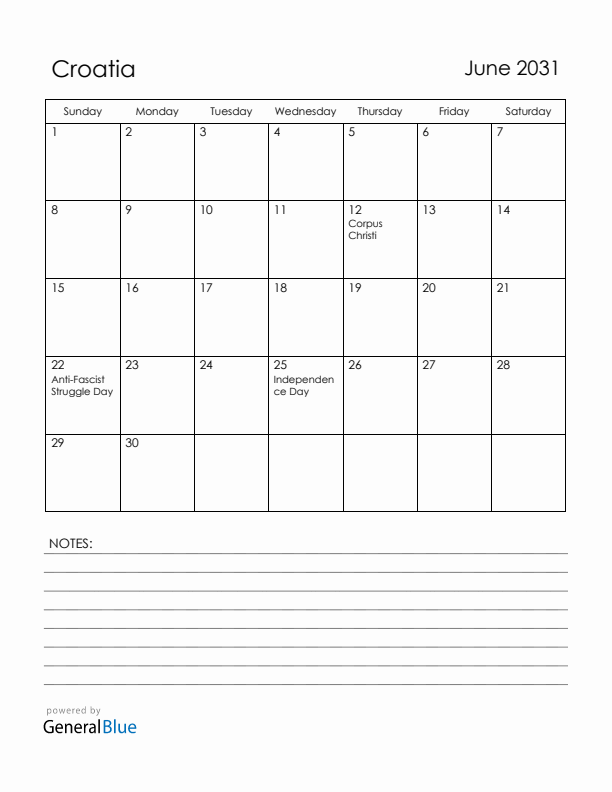 June 2031 Croatia Calendar with Holidays (Sunday Start)