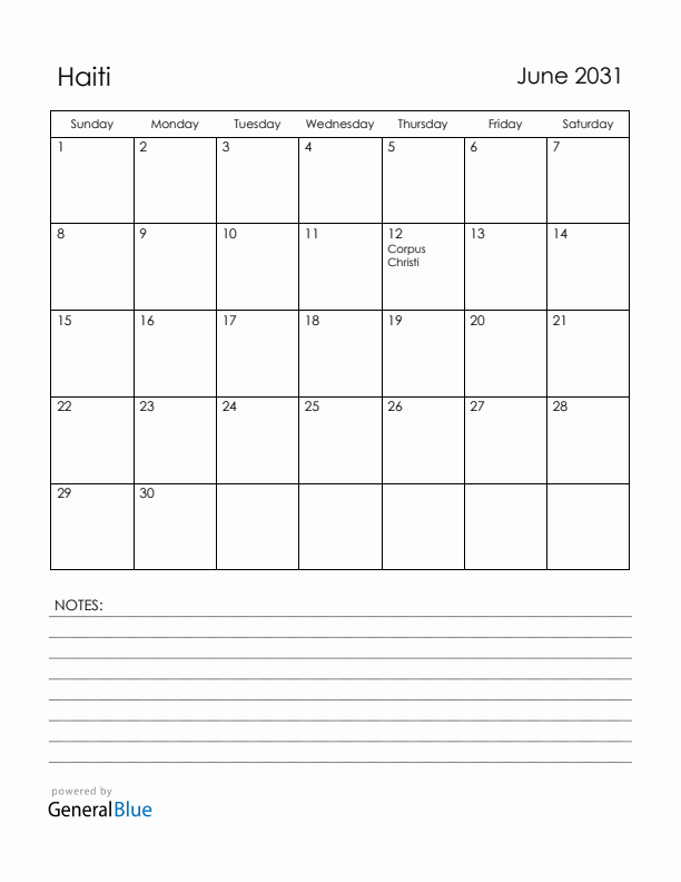 June 2031 Haiti Calendar with Holidays (Sunday Start)