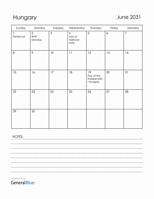 June 2031 Hungary Calendar with Holidays (Sunday Start)