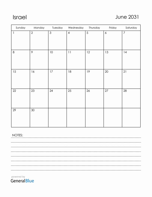 June 2031 Israel Calendar with Holidays (Sunday Start)