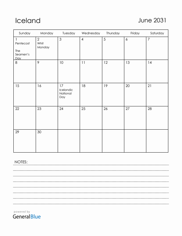 June 2031 Iceland Calendar with Holidays (Sunday Start)