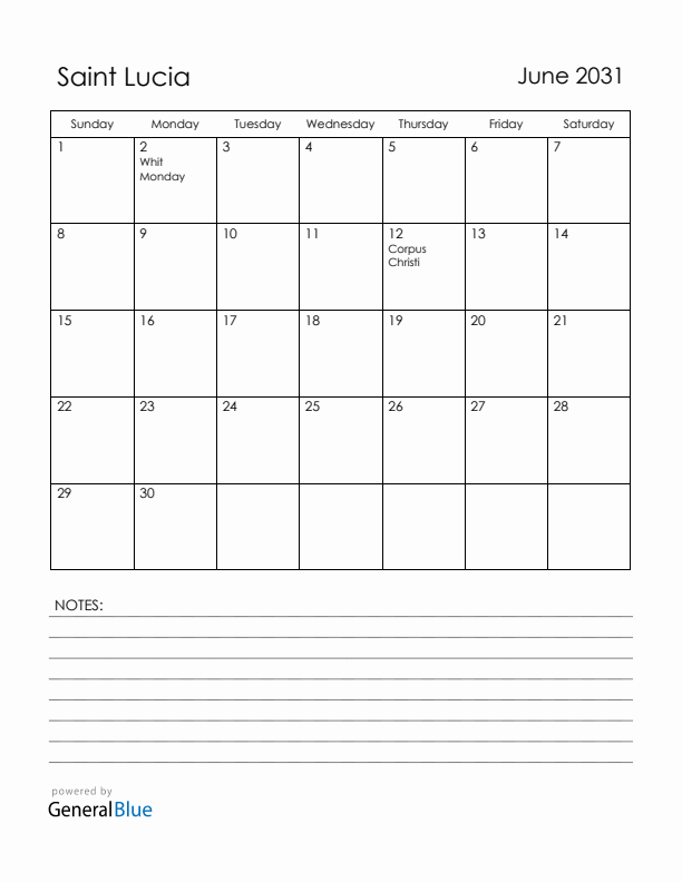 June 2031 Saint Lucia Calendar with Holidays (Sunday Start)