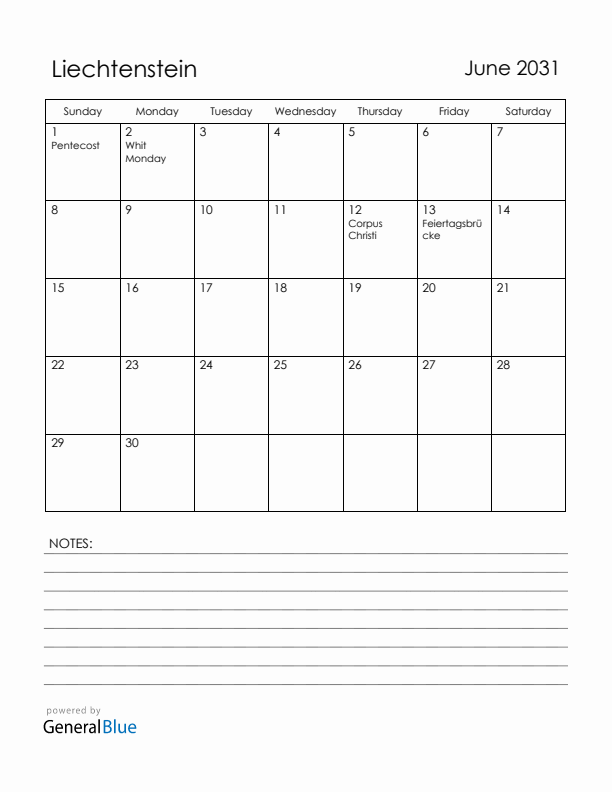 June 2031 Liechtenstein Calendar with Holidays (Sunday Start)