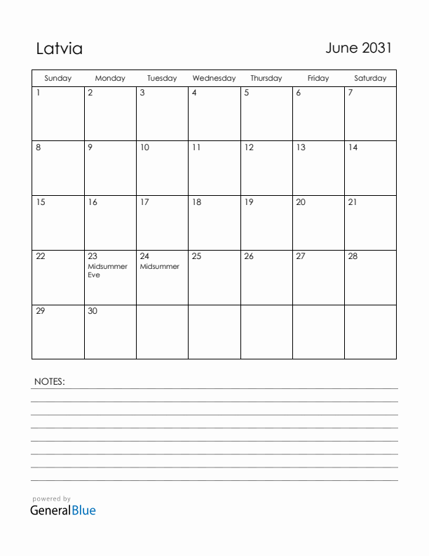 June 2031 Latvia Calendar with Holidays (Sunday Start)