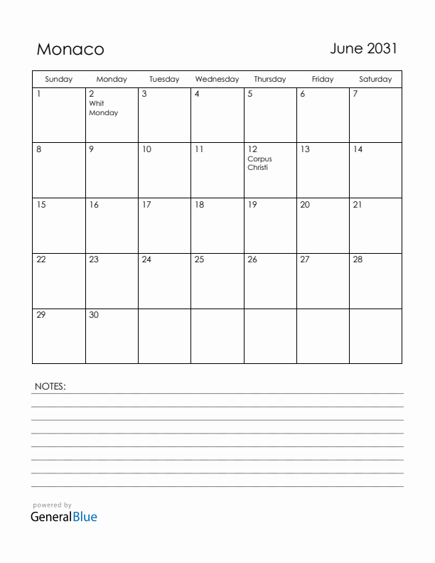 June 2031 Monaco Calendar with Holidays (Sunday Start)