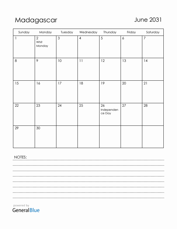 June 2031 Madagascar Calendar with Holidays (Sunday Start)