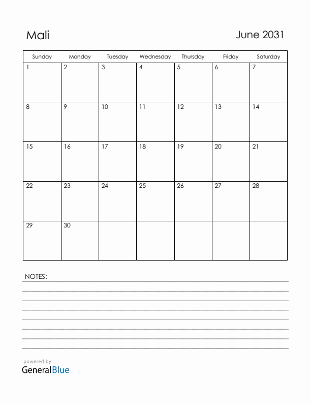 June 2031 Mali Calendar with Holidays (Sunday Start)