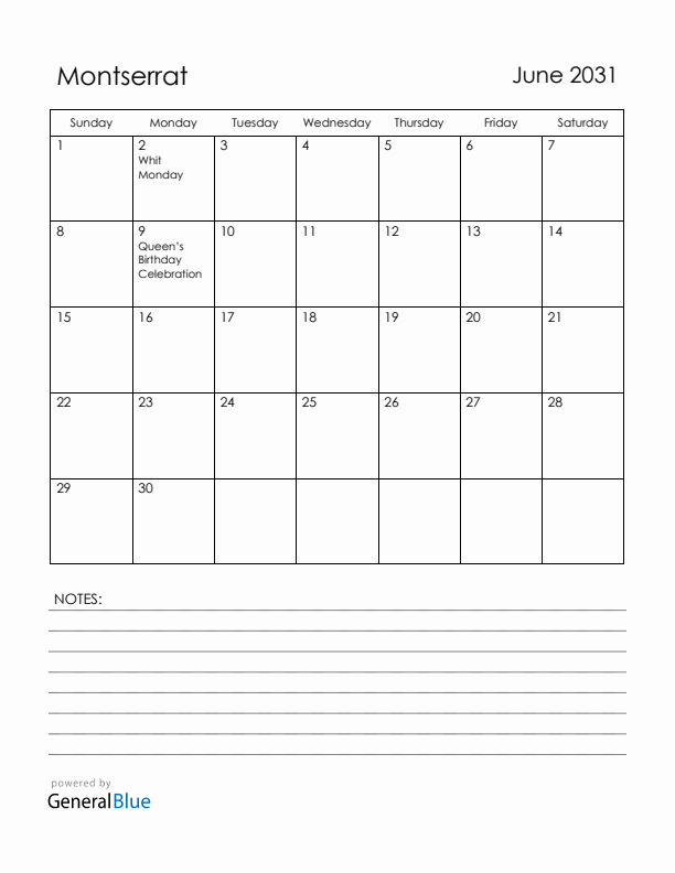 June 2031 Montserrat Calendar with Holidays (Sunday Start)