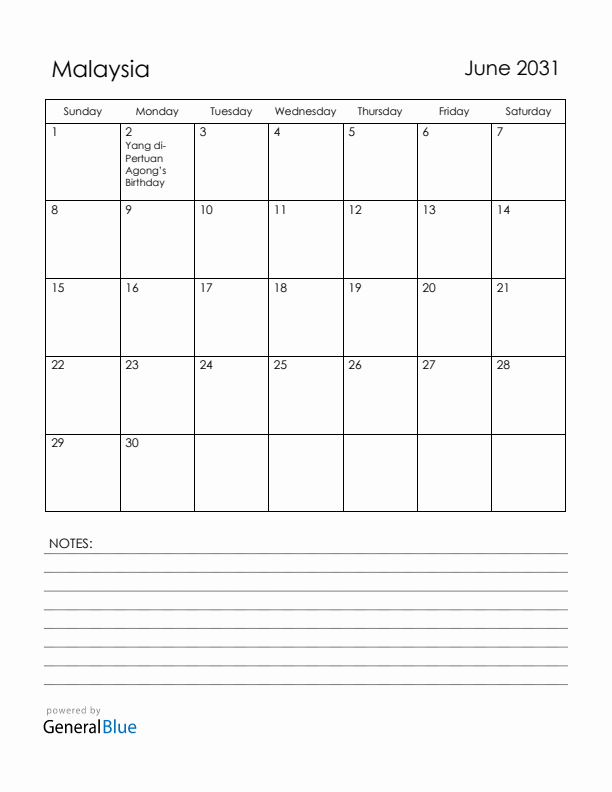 June 2031 Malaysia Calendar with Holidays (Sunday Start)