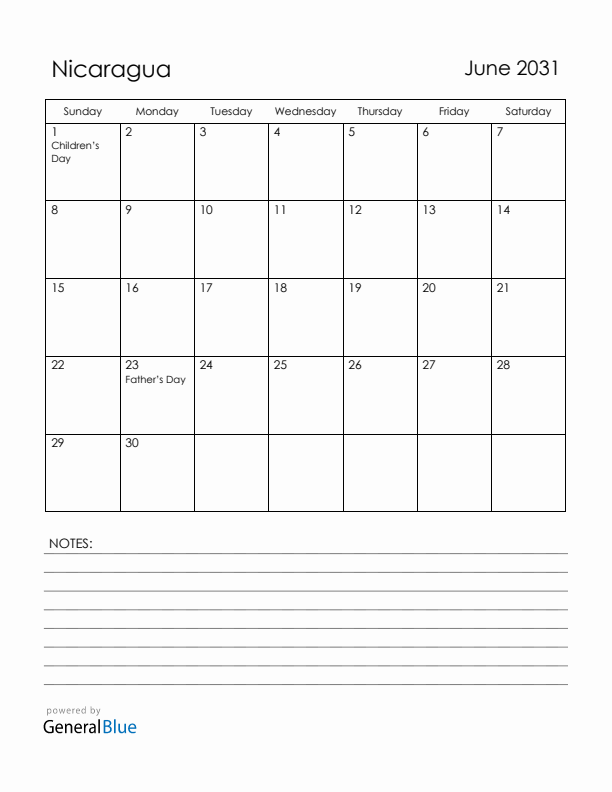June 2031 Nicaragua Calendar with Holidays (Sunday Start)