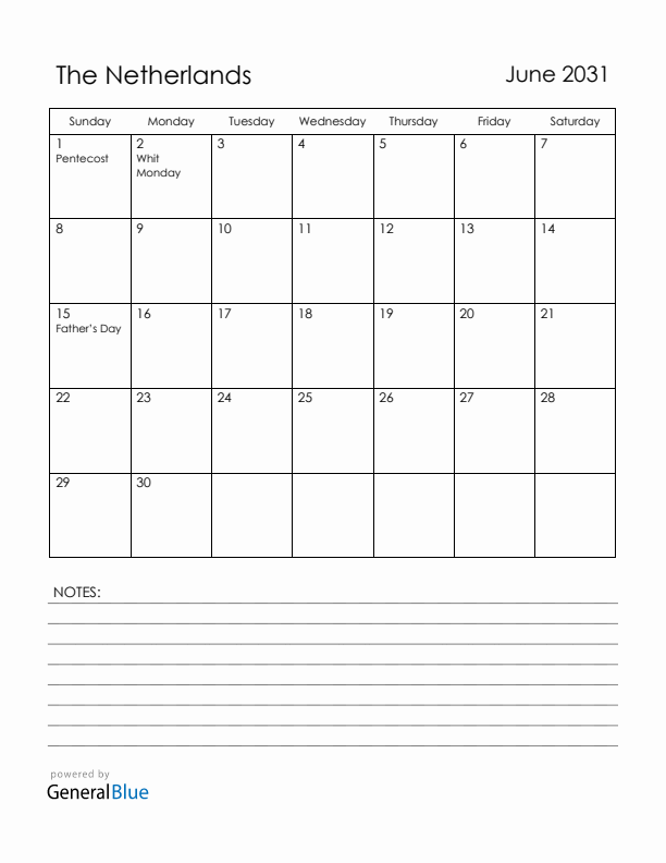 June 2031 The Netherlands Calendar with Holidays (Sunday Start)