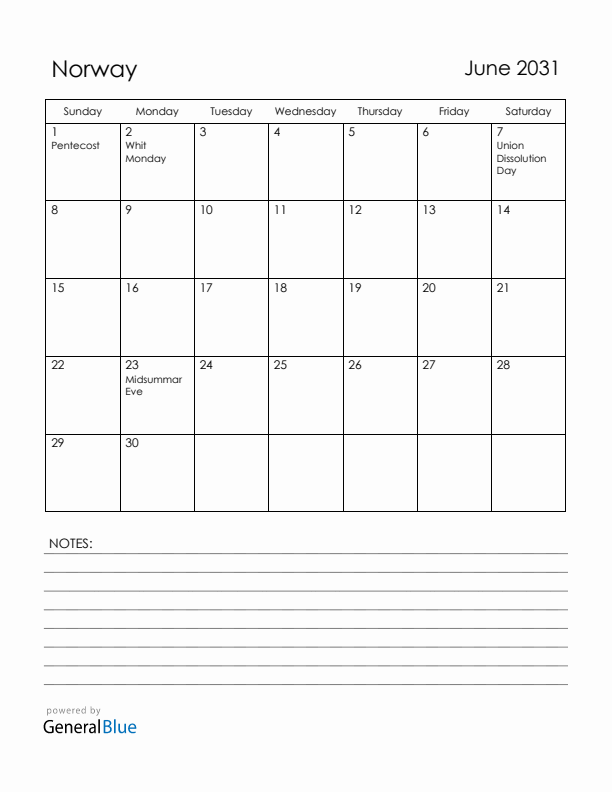 June 2031 Norway Calendar with Holidays (Sunday Start)