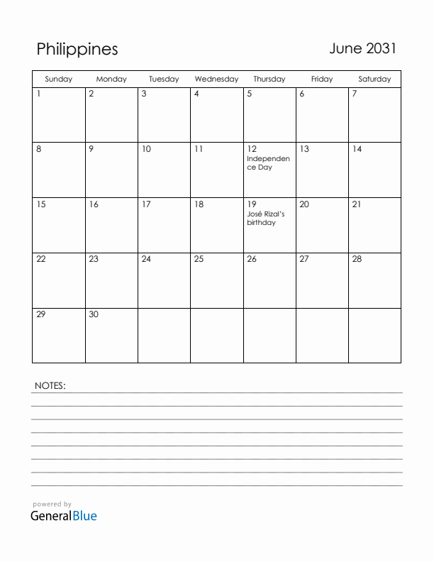 June 2031 Philippines Calendar with Holidays (Sunday Start)