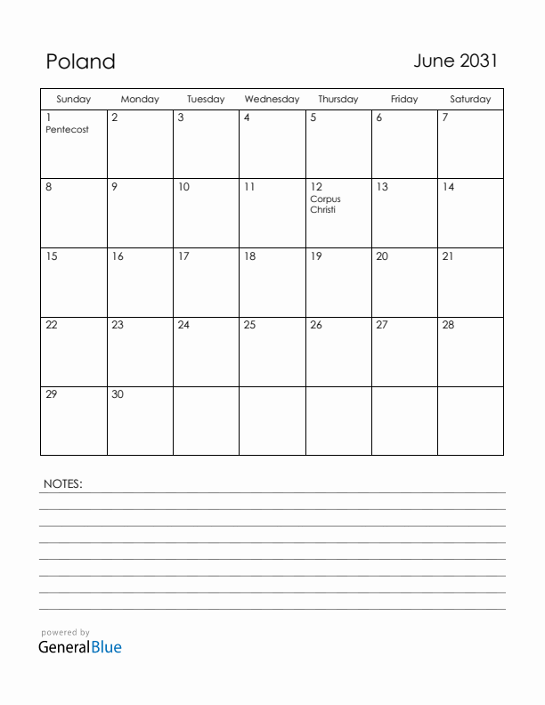 June 2031 Poland Calendar with Holidays (Sunday Start)