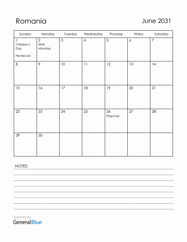 June 2031 Romania Calendar with Holidays (Sunday Start)