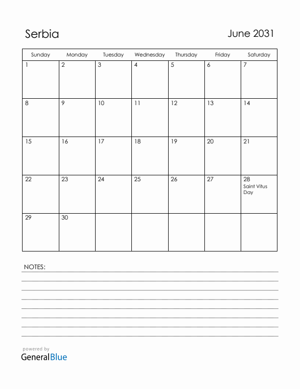 June 2031 Serbia Calendar with Holidays (Sunday Start)