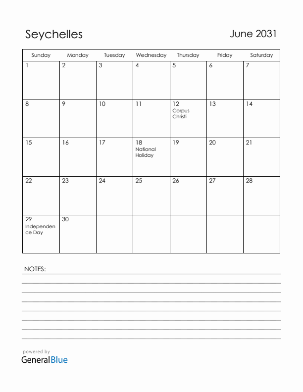 June 2031 Seychelles Calendar with Holidays (Sunday Start)
