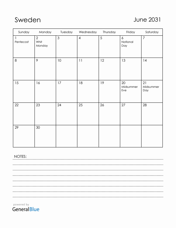 June 2031 Sweden Calendar with Holidays (Sunday Start)