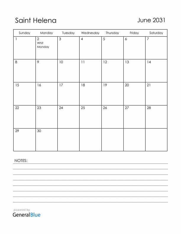 June 2031 Saint Helena Calendar with Holidays (Sunday Start)