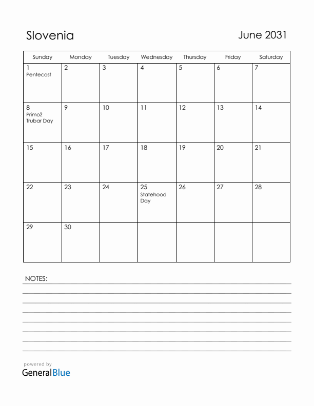June 2031 Slovenia Calendar with Holidays (Sunday Start)