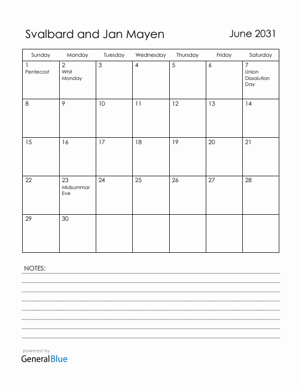 June 2031 Svalbard and Jan Mayen Calendar with Holidays (Sunday Start)