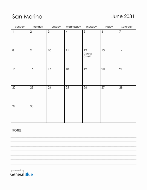 June 2031 San Marino Calendar with Holidays (Sunday Start)