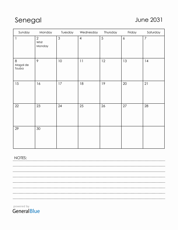June 2031 Senegal Calendar with Holidays (Sunday Start)