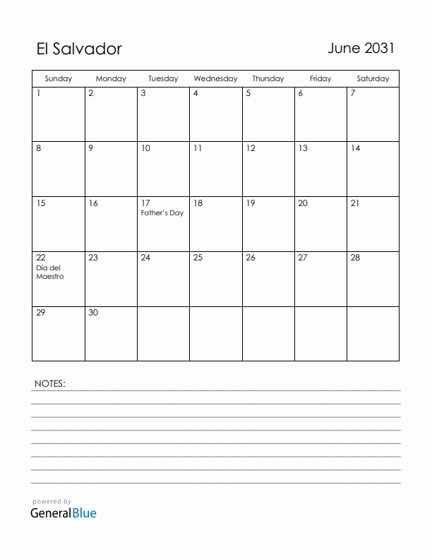 June 2031 El Salvador Calendar with Holidays (Sunday Start)
