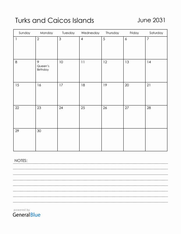 June 2031 Turks and Caicos Islands Calendar with Holidays (Sunday Start)
