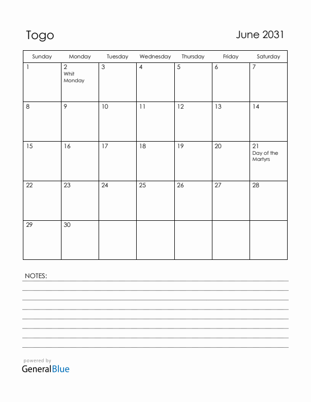 June 2031 Togo Calendar with Holidays (Sunday Start)