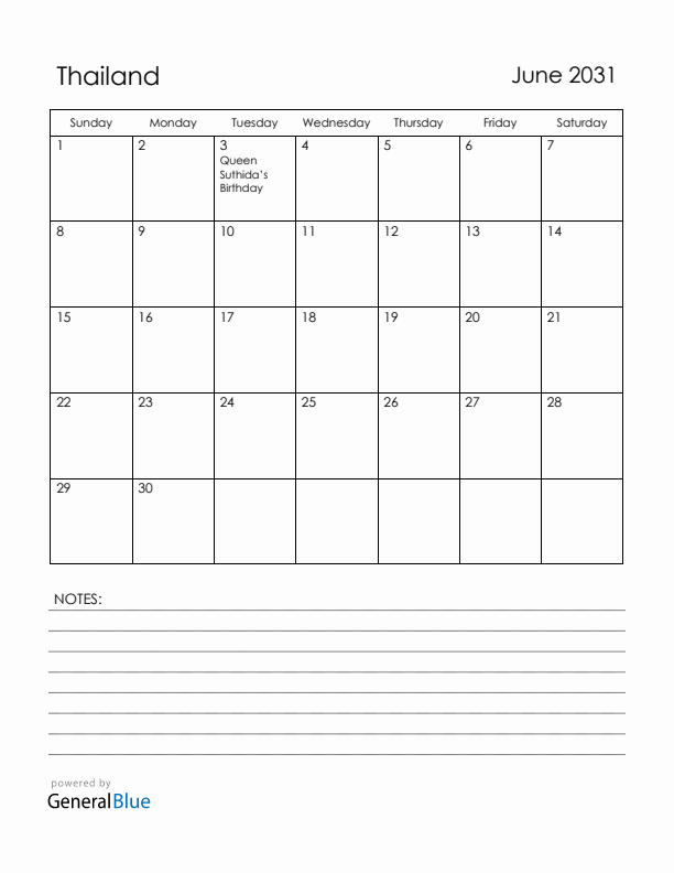 June 2031 Thailand Calendar with Holidays (Sunday Start)