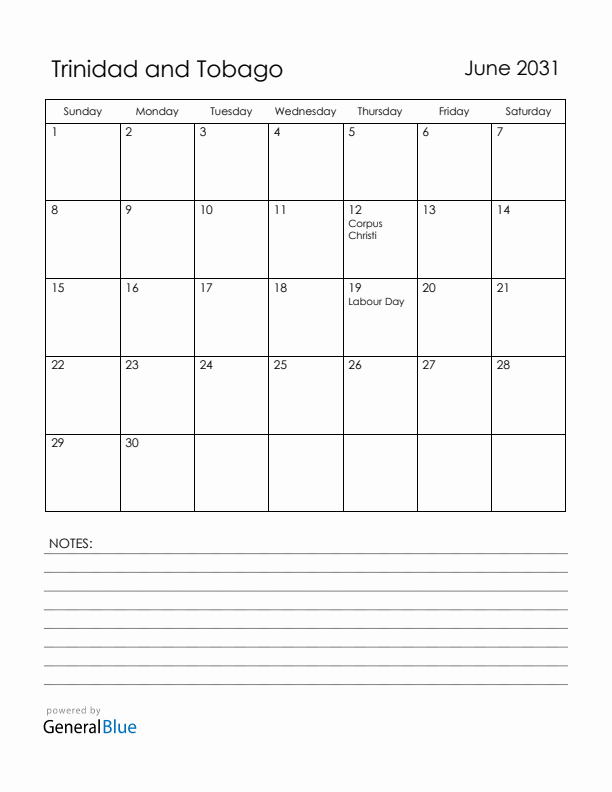 June 2031 Trinidad and Tobago Calendar with Holidays (Sunday Start)