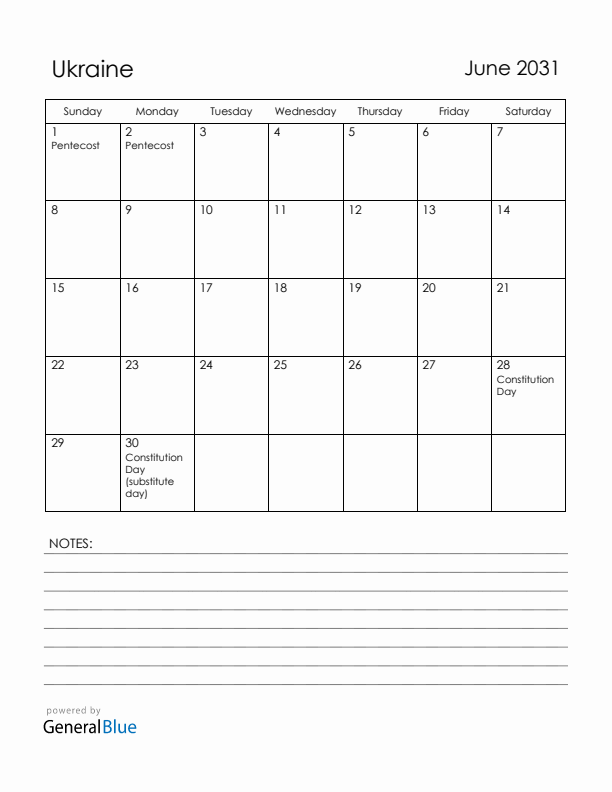 June 2031 Ukraine Calendar with Holidays (Sunday Start)