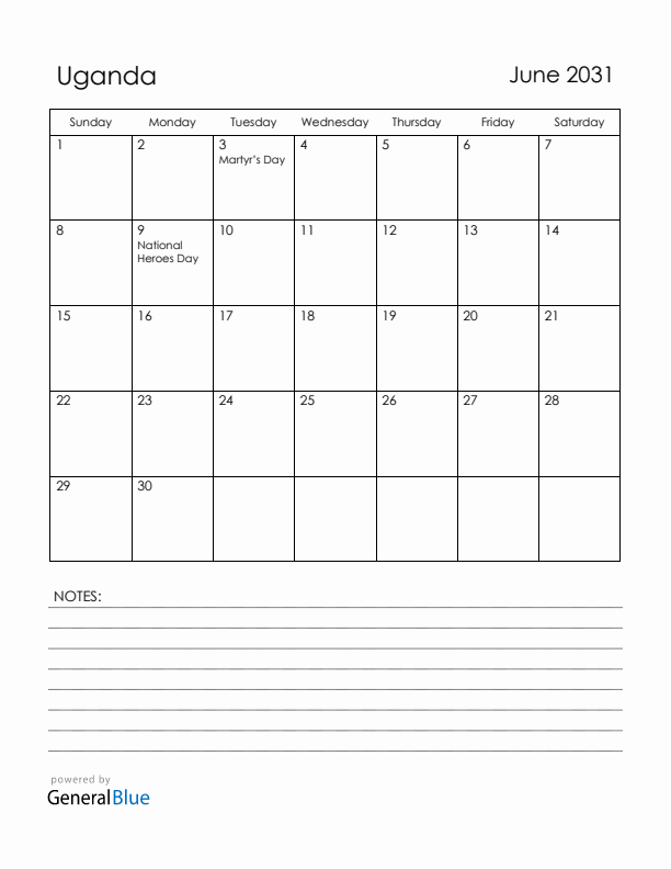 June 2031 Uganda Calendar with Holidays (Sunday Start)