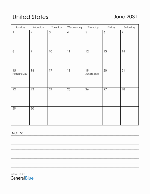 June 2031 United States Calendar with Holidays (Sunday Start)