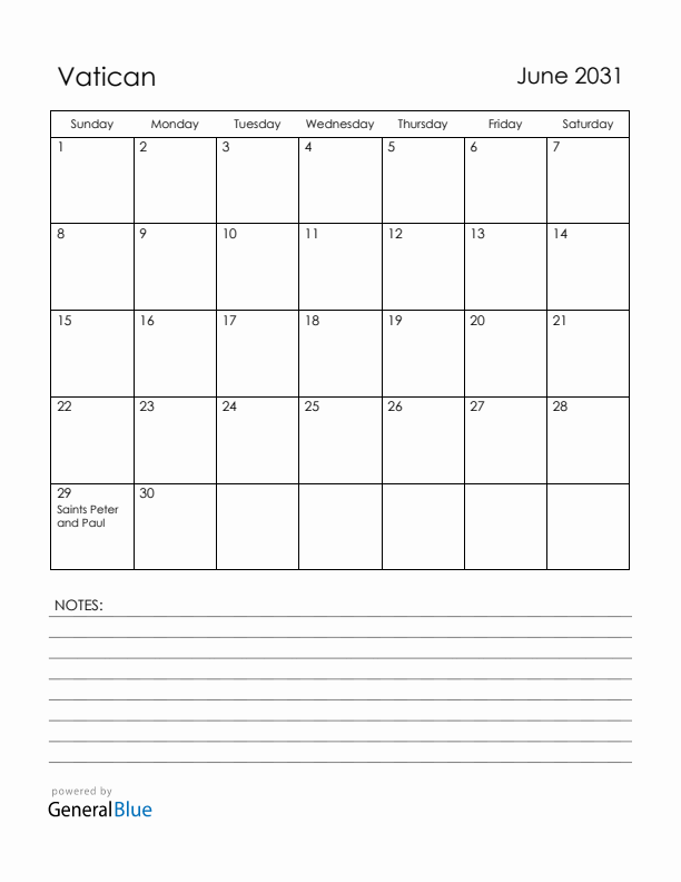 June 2031 Vatican Calendar with Holidays (Sunday Start)