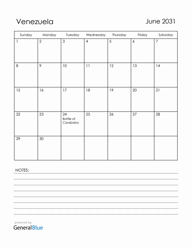 June 2031 Venezuela Calendar with Holidays (Sunday Start)