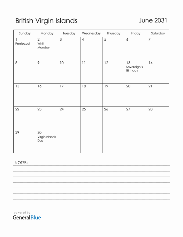 June 2031 British Virgin Islands Calendar with Holidays (Sunday Start)