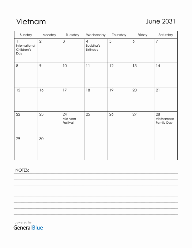 June 2031 Vietnam Calendar with Holidays (Sunday Start)