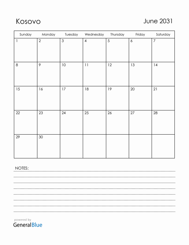 June 2031 Kosovo Calendar with Holidays (Sunday Start)
