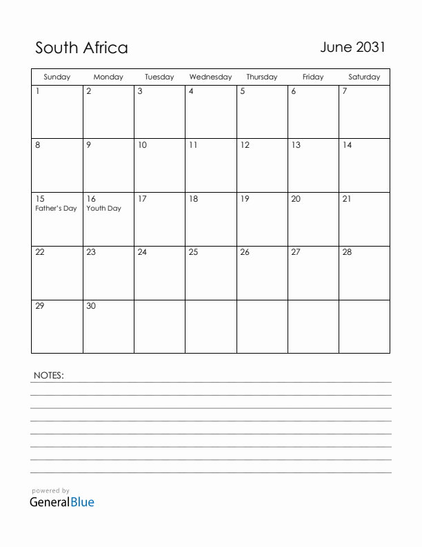 June 2031 South Africa Calendar with Holidays (Sunday Start)