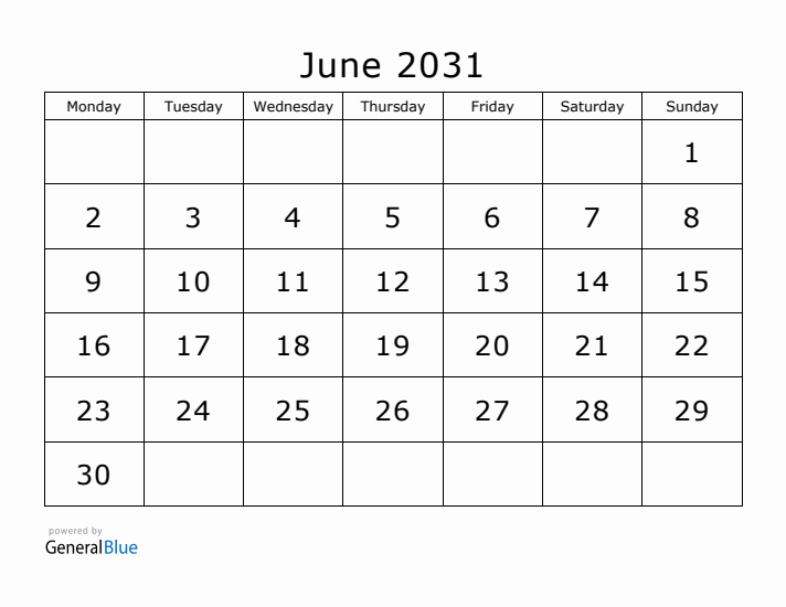 Printable June 2031 Calendar - Monday Start